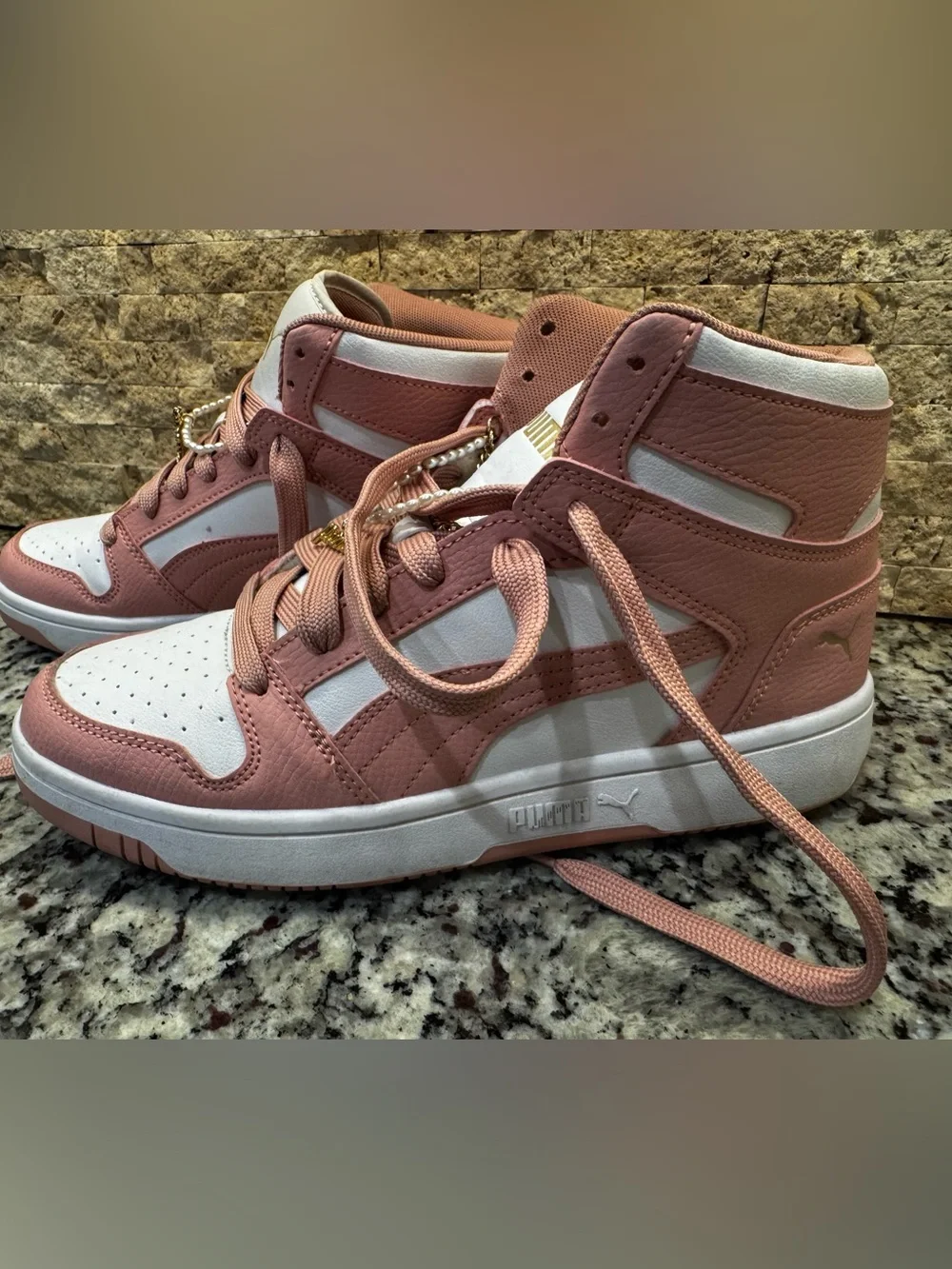 PUMA women’s size 9 Pink and White High-Top Sneakers with bling